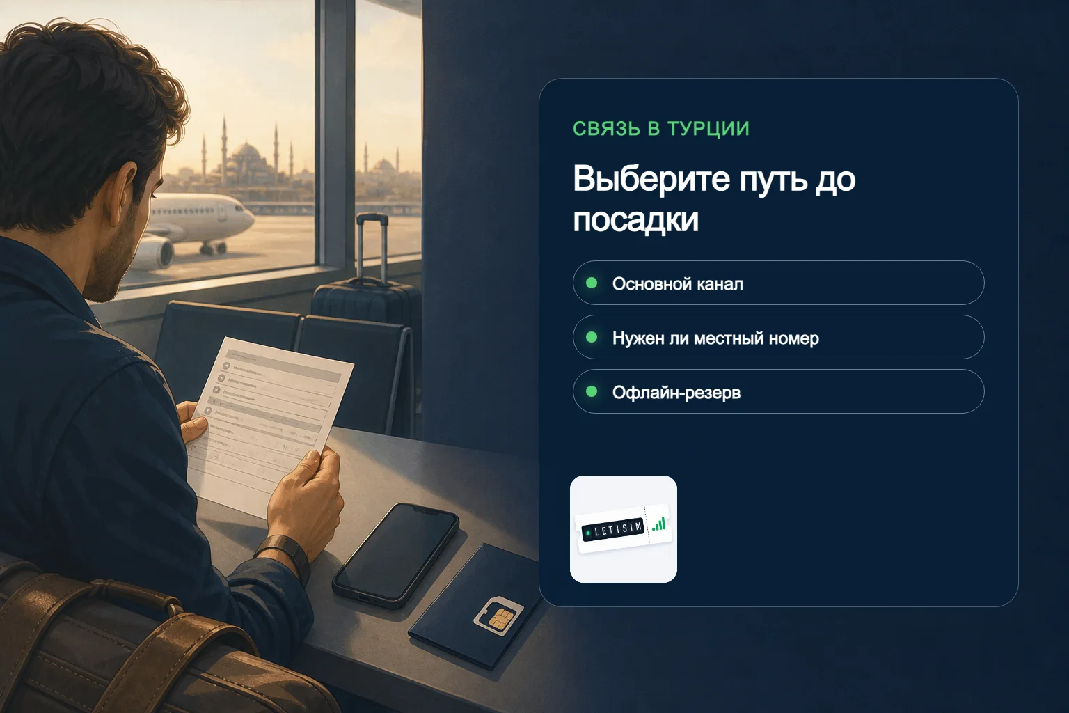 Путешественник сравнивает основной канал связи в Турции, потребность в местном номере и офлайн-резерв на тёмно-синем табло